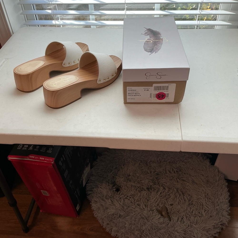 Jessica Simpson Cream Mules with Wooden Heel